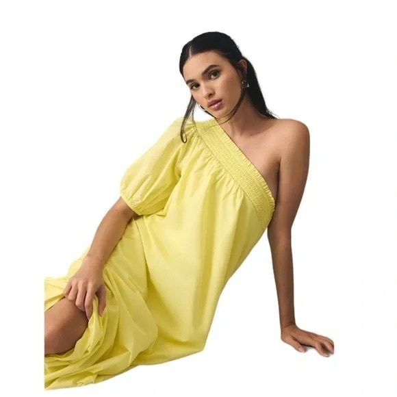 NWT ANTHROPOLOGIE MAEVE ONE SHOULDER EMBROIDER MAXI DRESS YELLOW POPLIN XS - Picture 5 of 5